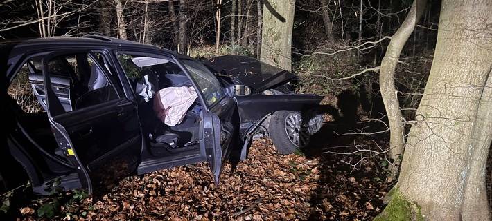 Das Fluchtfahrzeug kollidierte mit einem Baum. Foto: Polizei Mettmann