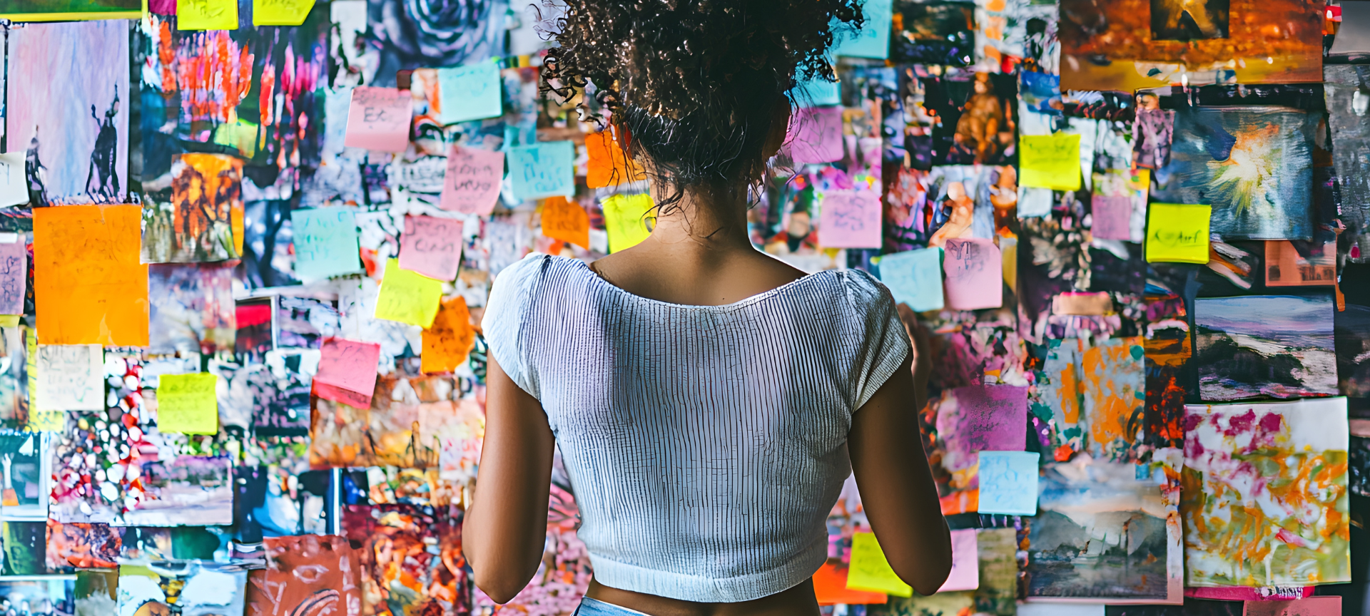 Neujahrsvorsätze / Frau steht mit dem Rücken zu uns vor ihrem bunten Visionboard